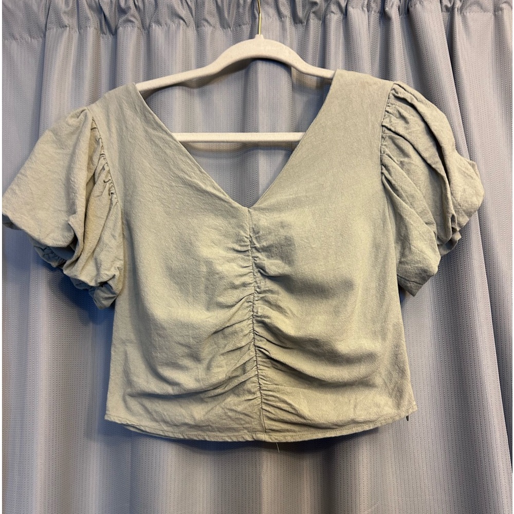 $9 sale ❤️V ery j Women Bubble Sleeve Crop VNeck Canvas Blouse side zip cotton S